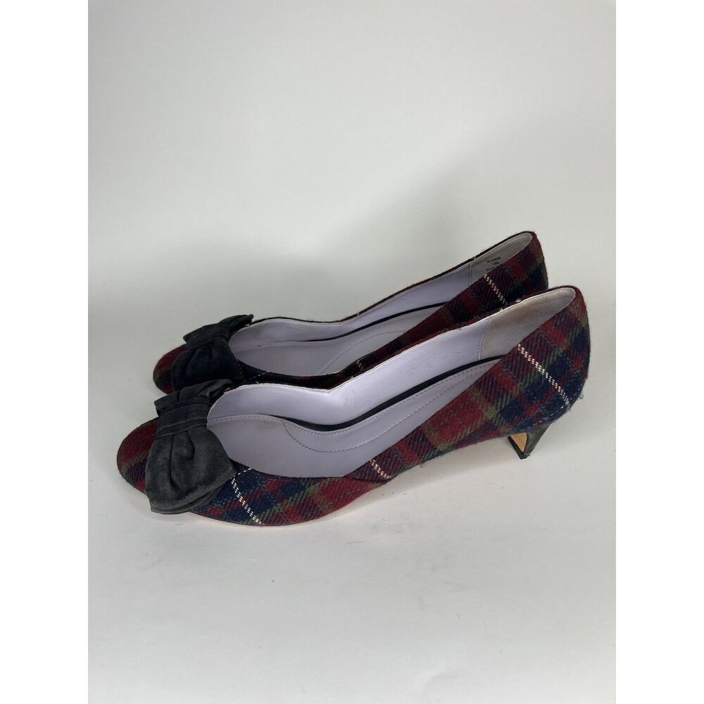 Johnston & Murphy Red Plaid Blue Bow Round Toe Pumps Heels Women Sz 10M US/41EU
